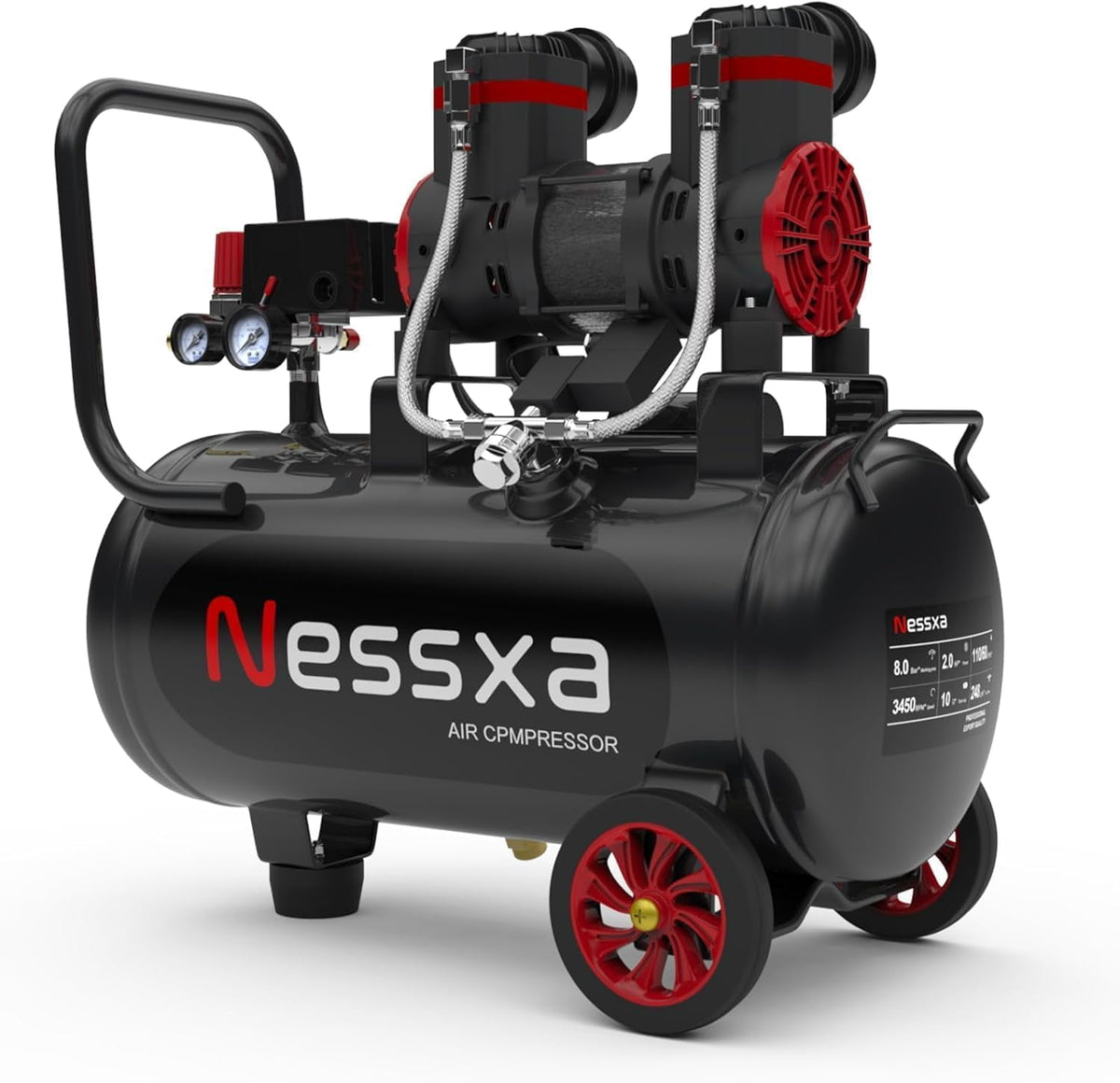 10 Gallon Ultra Quiet Air Compressor with Two Quick Couplers, 2HP 8.76 CFM@ 115PSI Pressure Oil-Free Air Compressor Tank, 70dB Quiet Compressor for
