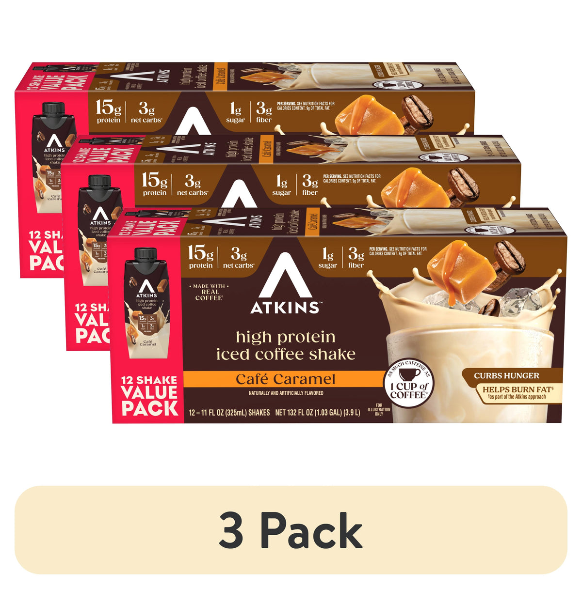 3 pack) Atkins Café Caramel Iced Coffee Flavor High Protein Shake, 15g of Protein, 1g Sugar, Low Carb and Low Sugar Protein Shakes, Keto Friendly