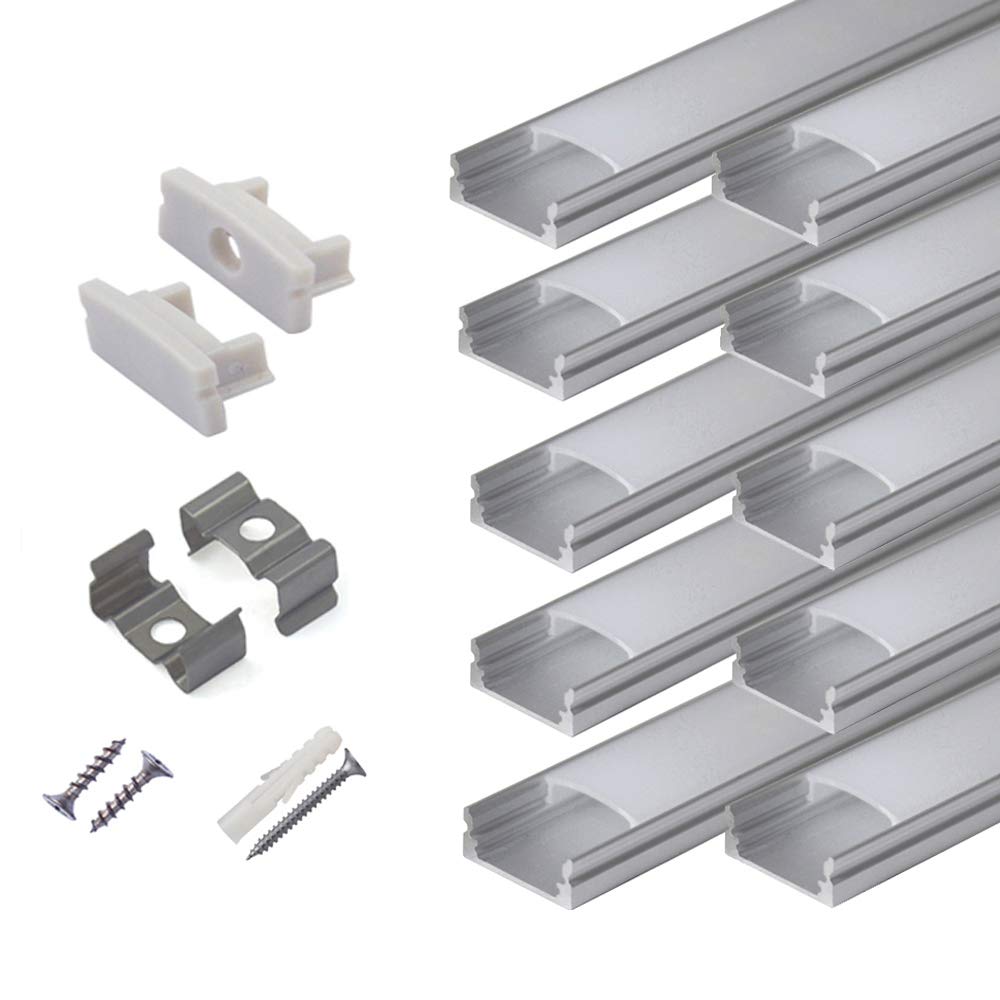 hunhun 10-Pack 6.6ft/ 2Meter U Shape LED Aluminum Channel System with Milky Cover, End Caps and Mounting Clips, Aluminum Profile for LED Strip Light
