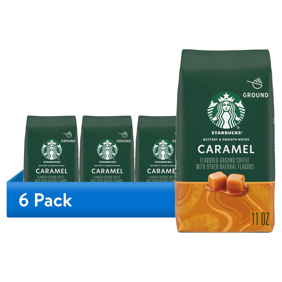 6 pack) Starbucks Caramel, Ground Coffee, Flavored Hot or Iced Coffee, 11 oz