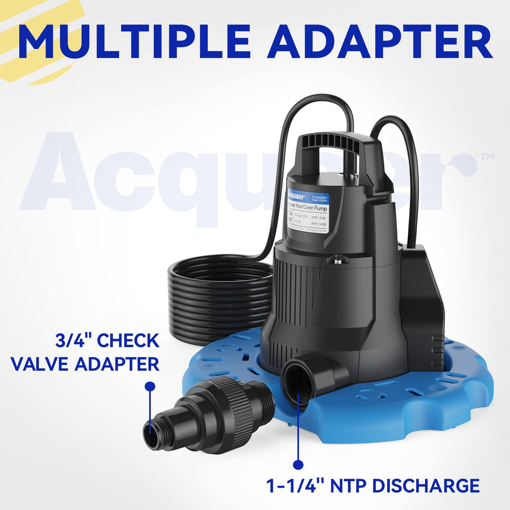 1/4 HP Automatic Swimming Pool Cover Pump, 2250 GPH Submersible Sump Pump with 3/4” Check Valve Adapter & 25ft Power Cord, Water Removal for Pool