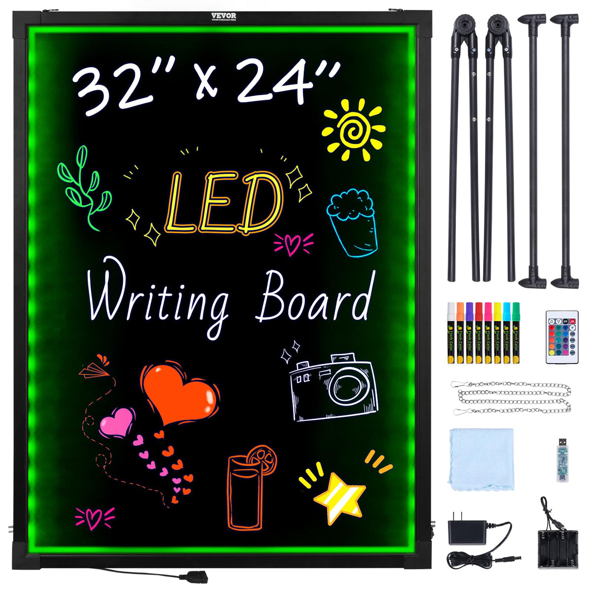 VEVOR 32"x24" LED Message Writing Board, Menu Sign Boards, Illuminated Erasable Lighted Chalkboard, Neon Effect Drawing Panel with 8 Fluorescent