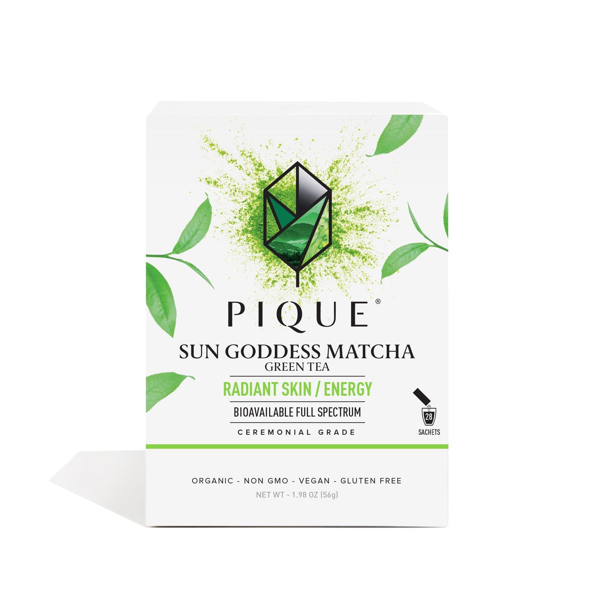 Pique Organic Sun Goddess Matcha Powder - Ceremonial Grade Matcha Green Tea Powder Matcha Packets, Supports Radiant Skin, Calm Energy - 28 Single