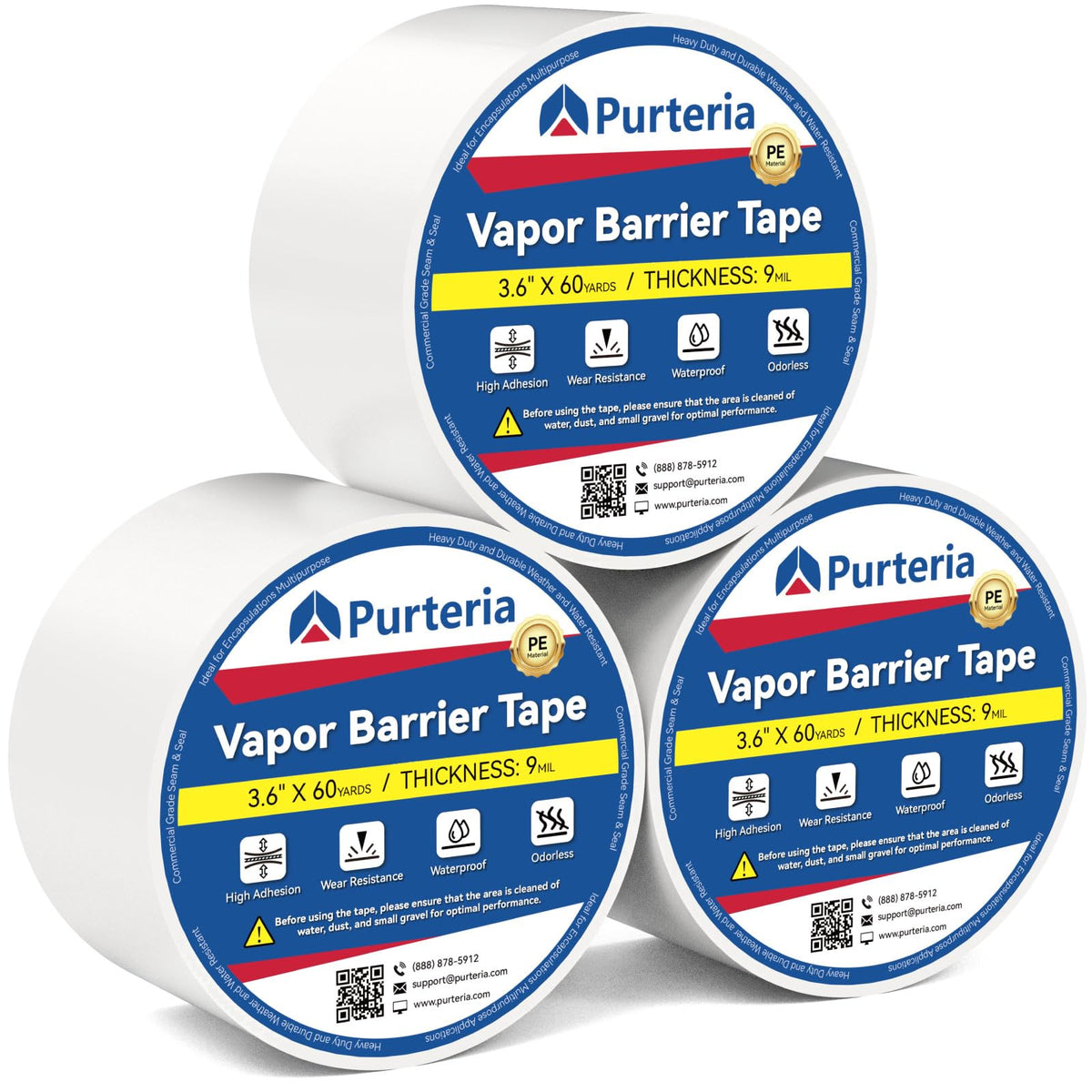 Vapor Barrier Tape, 9 Mil 3.6"x180', 3 Roll