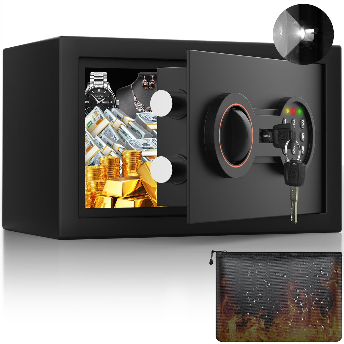 0.3 Cub Small Safe for Home, 6.69"H Safe Box with Fireproof Waterproof Bag