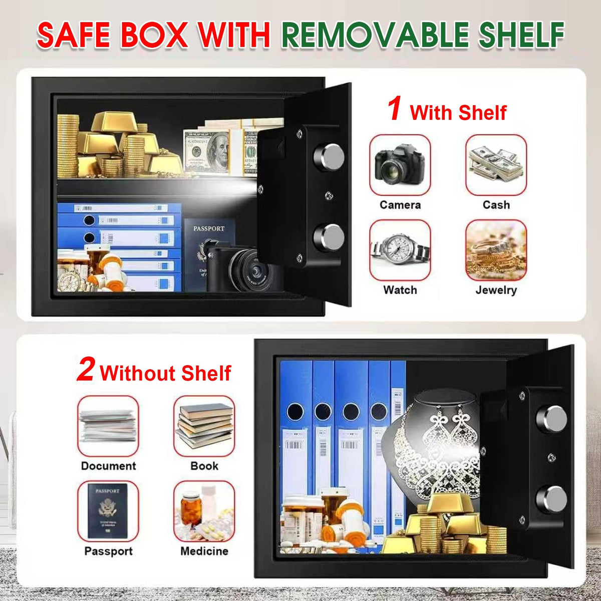 1.3 Cubic Feet Small Fire Safe Box for Home, Fireproof Safety Lock Box with Digital Keypad, Spare Keys and Removable Shelf, Personal Security Home