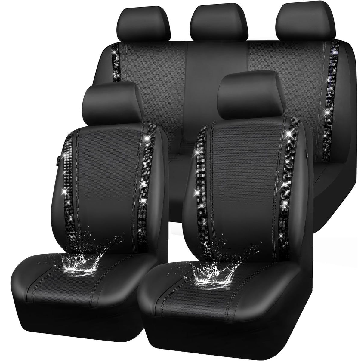CAR PASS Leather Bling Diamond Car Seat Covers Full Set, Shining Rhinestone Waterproof Durable Rear with Zipper, Universal Fit Automotive Glitter