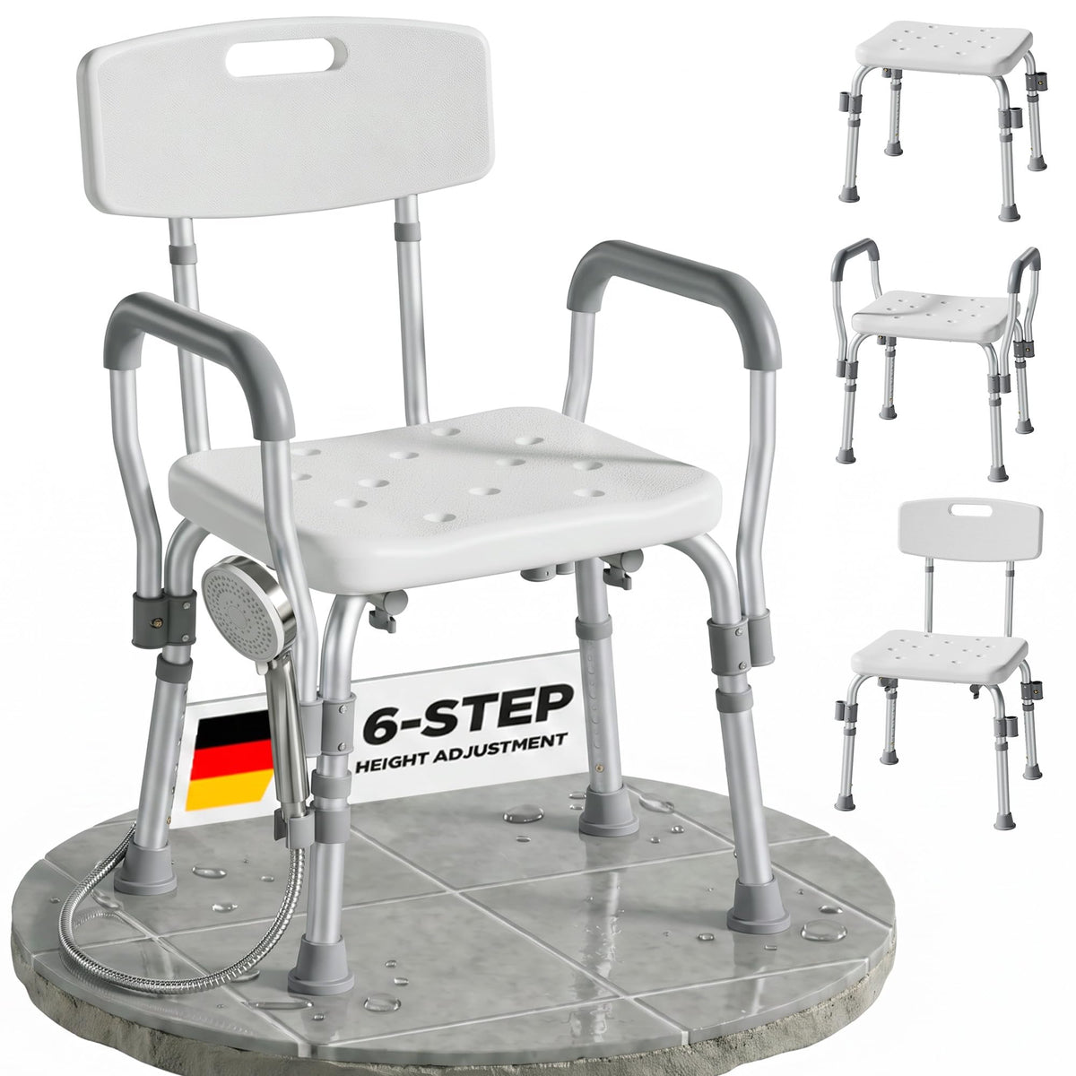 Shower Chair with Arms and Back, Height Adjustable Bath Seat White