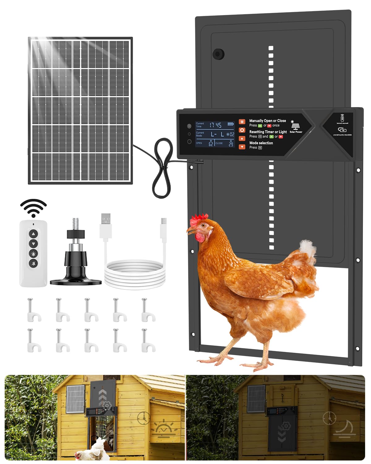 Large Automatic Chicken Coop Door Solar Powered 4000mAh High Capacity-Black
