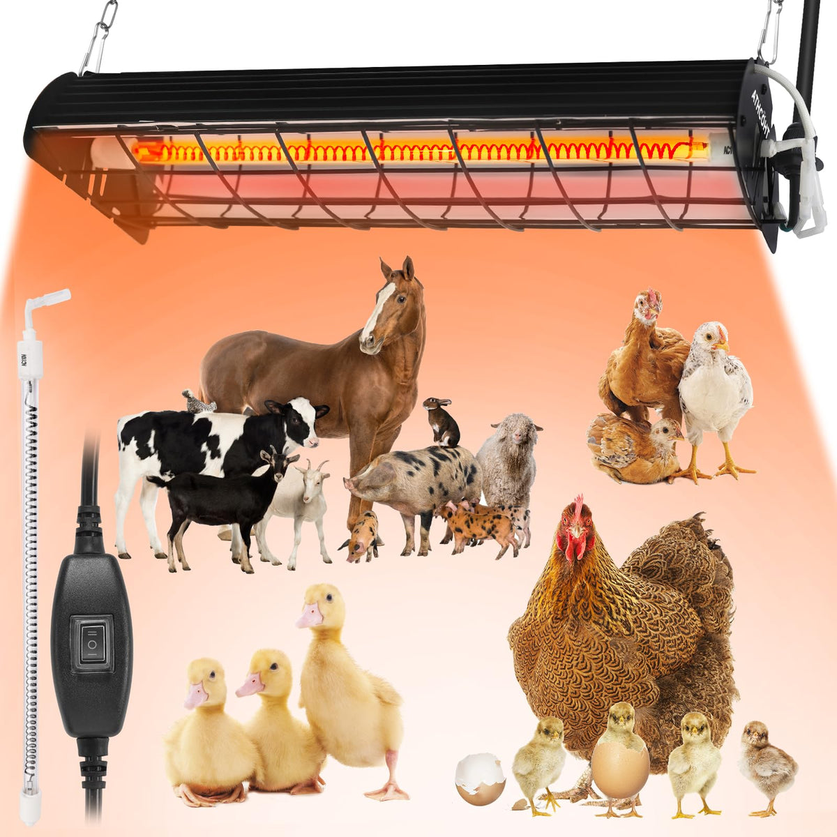400W Heat Lamp for 60 Chickens Upgraded 12000H Large Chicken Coop Brooder Heater Carbon Fiber Bulb Waterproof Adjustable 2 Mode Temp Safe Design for