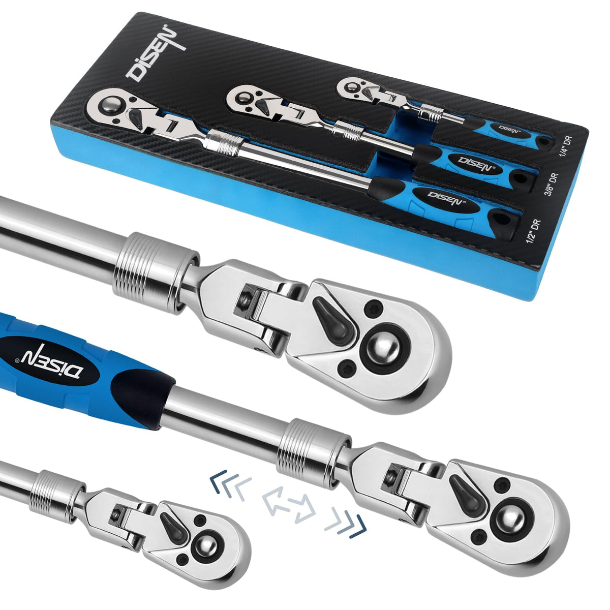 DISEN 3-Piece Extendable Flex-Head Ratchet Wrench Set with EVA Storage Case - 1/4", 3/8", 1/2" Drive, 72-Tooth, Rubber Grip, Adjustable Length