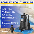 1/4 HP Automatic Swimming Pool Cover Pump, 2250 GPH Submersible Sump Pump with 3/4” Check Valve Adapter & 25ft Power Cord, Water Removal for Pool