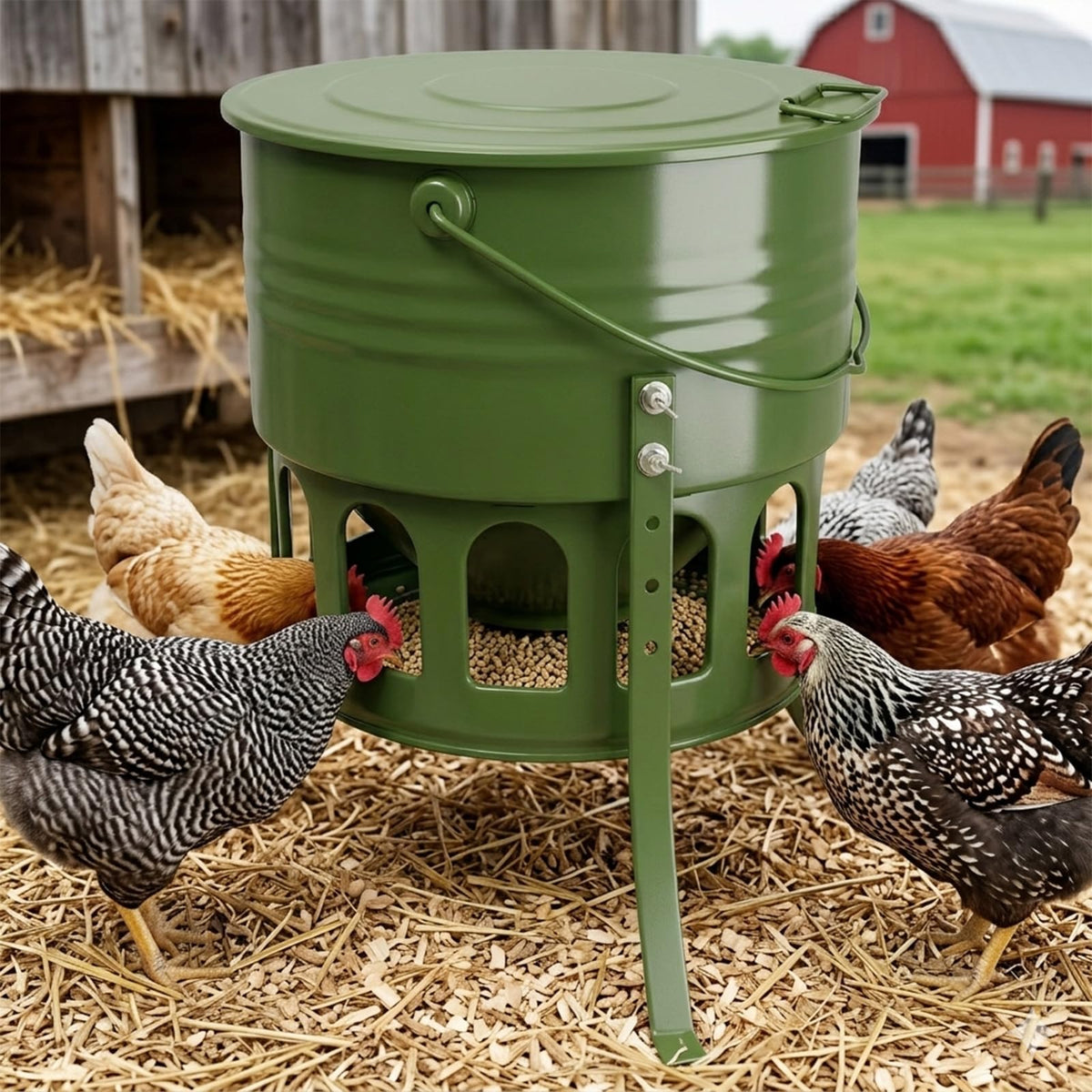 Metal Chicken Feeder No Waste - 20LB Large Chicken Feeder with 12 Ports & 4 Adjustable Heights Tripod Stand, Automatic Hanging Poultry Feeder