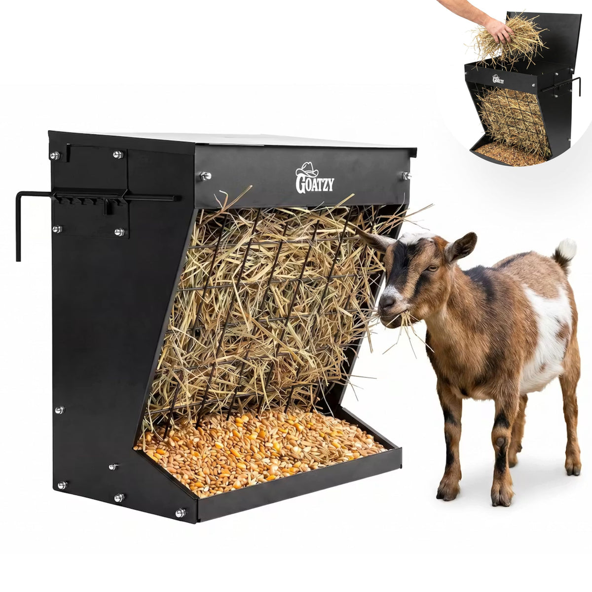 Goat Hay Feeder & Hay Rack, Wall Mount Goat Feeder with Roof, Black
