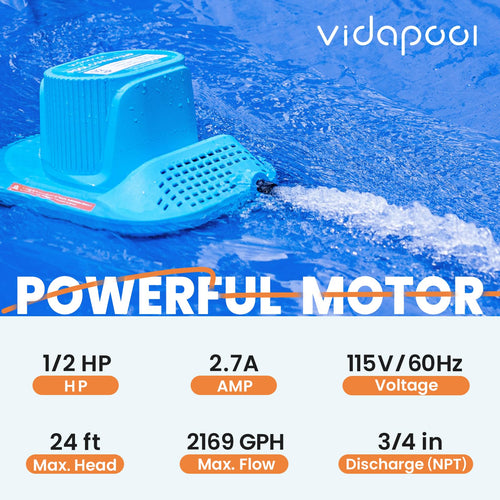 1/2 HP Pool Cover Pump Automatic On Off, 2169 GPH Sump Pump, 115V