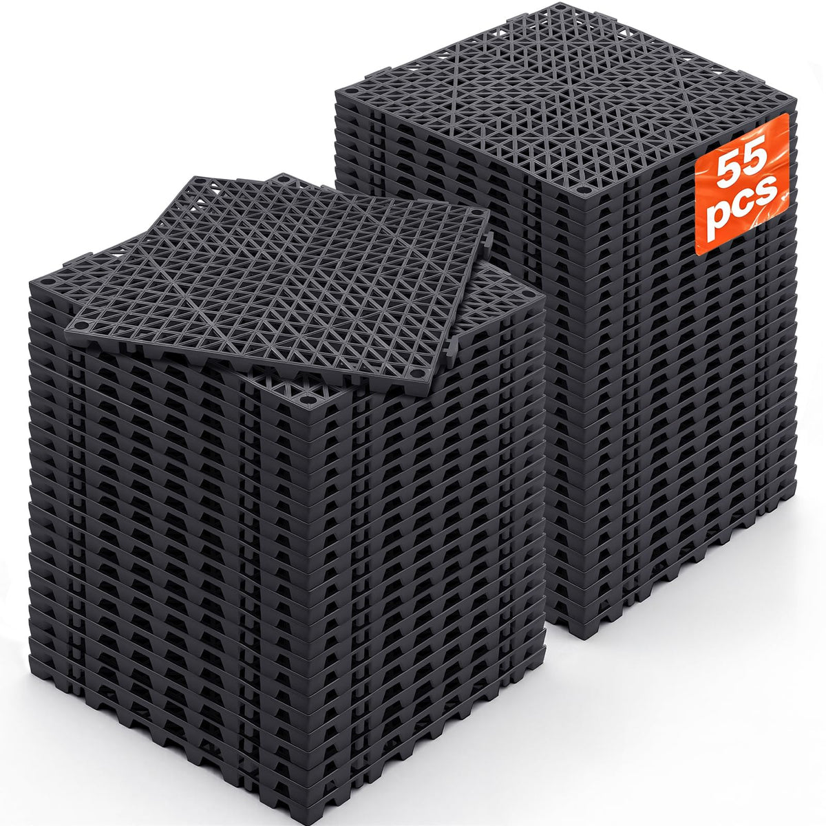 VEVOR Interlocking Tile 55PCS Black, Drainage Tiles 12" x 12" Splicing, Soft PVC Interlocking Drainage Floor Tiles, Non-Slip Drainage Holes for