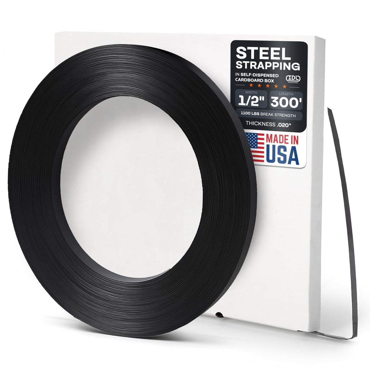 IDL Packaging 1/2" x .020" x 300' Steel Strapping Coil (1100 Lbs Break Strength) in Self-Dispensed Сardboard Box - Portable Strong Banding with