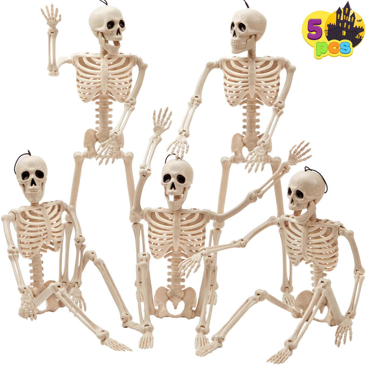 JOYIN 5 PCS Posable Halloween Skeleton Decor 16 Inches, Full Body Posable Joints Hanging Skeletons for Halloween Decorations, Graveyard Props