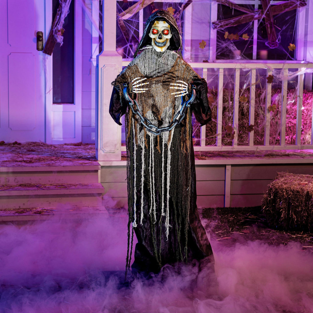 JOYIN Halloween Decorations Outdoor Life Size Animatronics Grim Reaper with Chain, Sound-Actived Party Decor with Creepy Sound, Scary Haunted House
