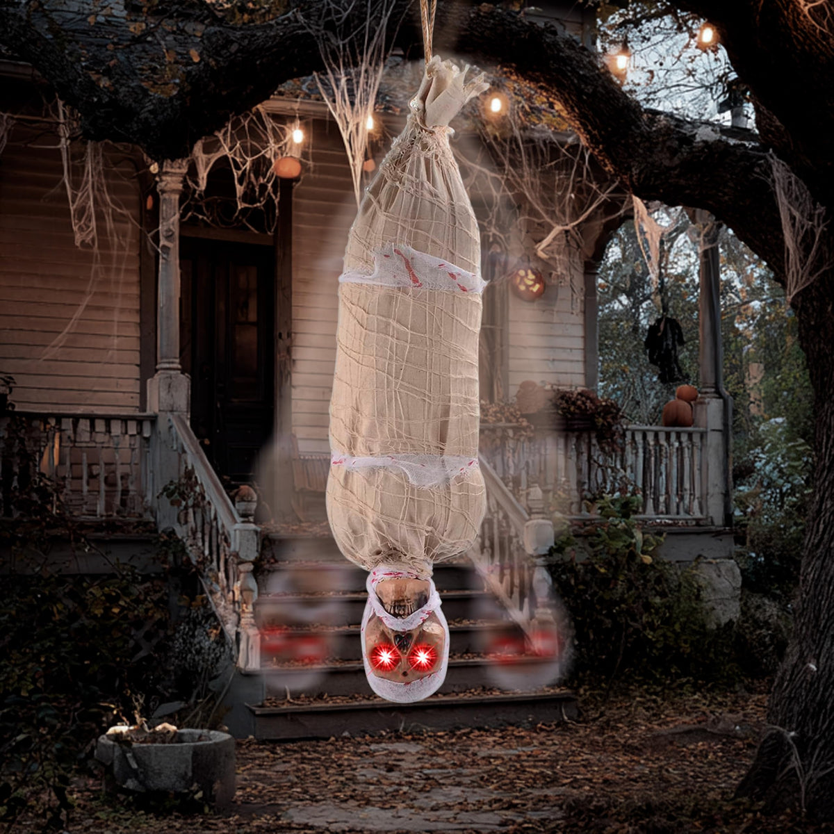 JOYIN 35" Halloween Animated Hanging Cocoon Corpse Decoration, Dead Body Prop with LED Light Up Eyes & Sound Effect, Spooky Corpse Skeleton for Yard