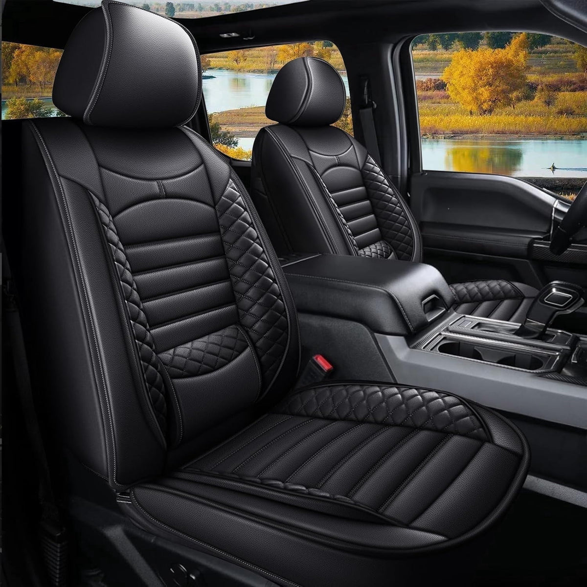 Custom Seat Covers for Ford F150 2009-2026 F250/F350/F450 2017-2026: 5 Seat Full Set Faux Leather Truck Seat Covers Car Cushion (Black)
