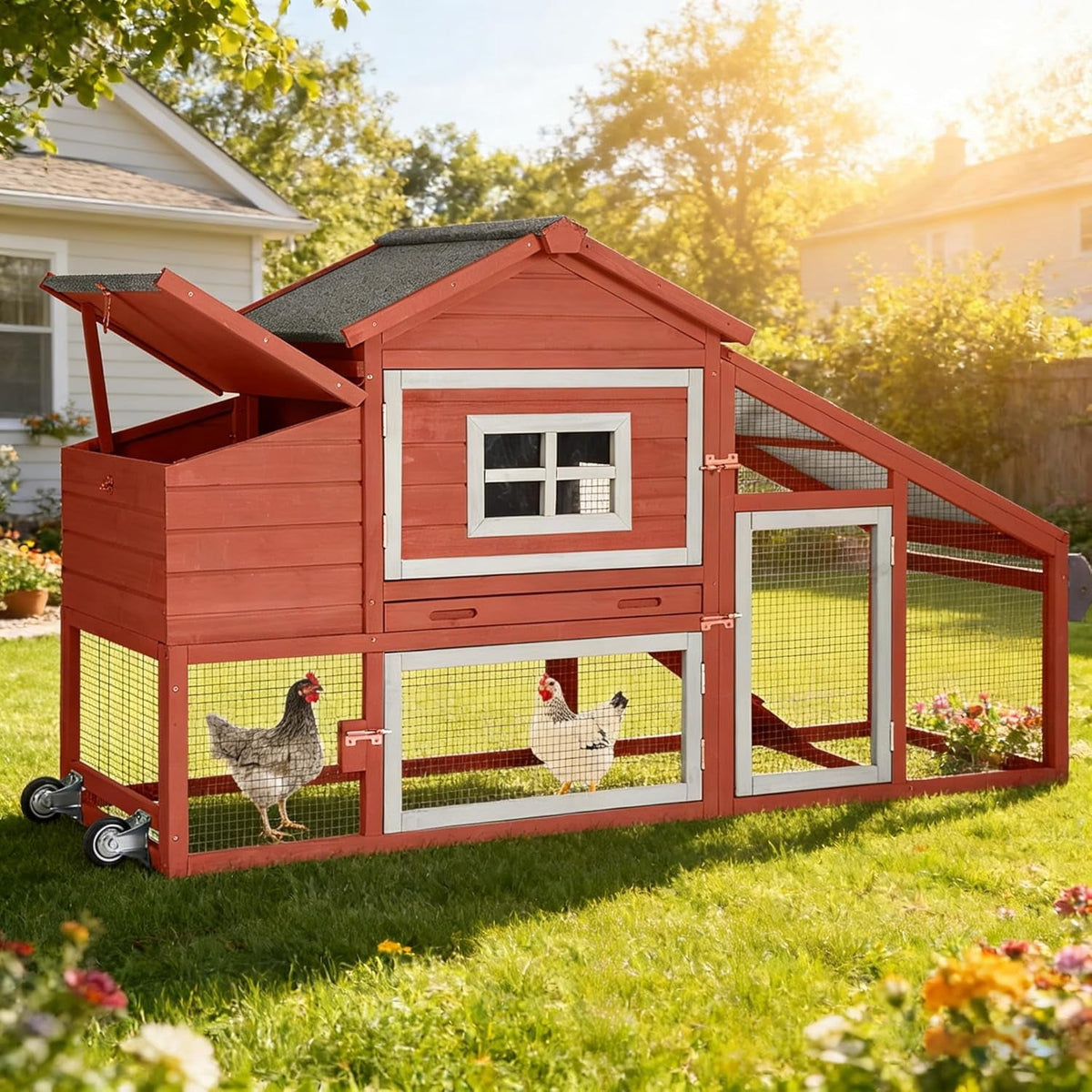 Aivituvin Large Chicken Coop with Wheels, Mobile Chicken House for Outdoor, Poultry Cage with Nesting Box, Leakproof Pull-Out Tray & UV-Resistant Roof
