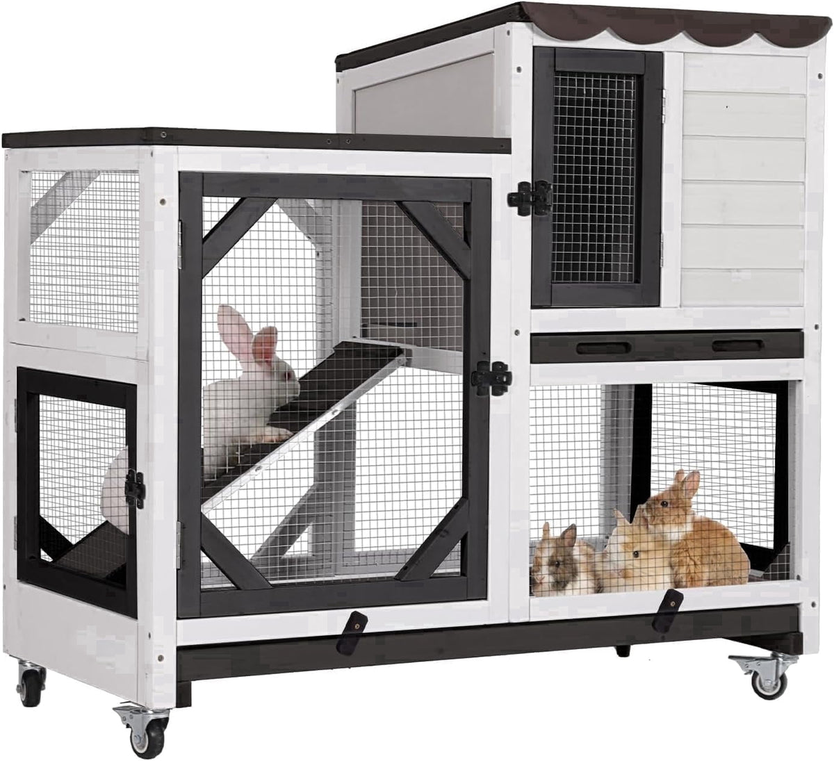 Aivituvin Indoor Rabbit Hutch Outdoor Bunny Cage on Wheels, 2 Story Wood Guinea Pig Cages with 2 Deeper Pull Out Trays (Black & White)