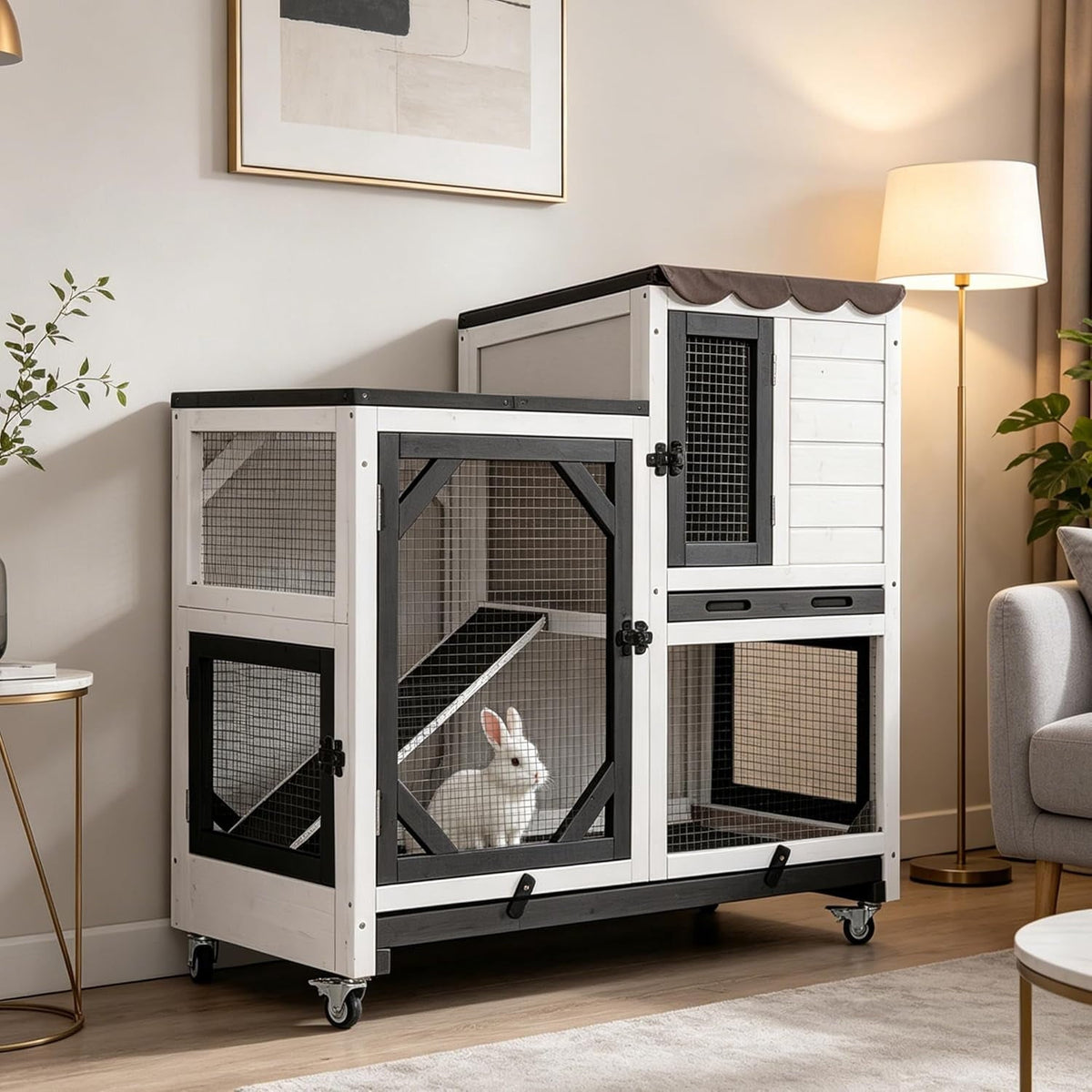 2-Story Rabbit Hutch Bunny Cage with Leak-Proof Trays & Chew-Proof Ramp - Indoor/Outdoor 39.3" Wooden Rabbit Cage with Wheels (Black)