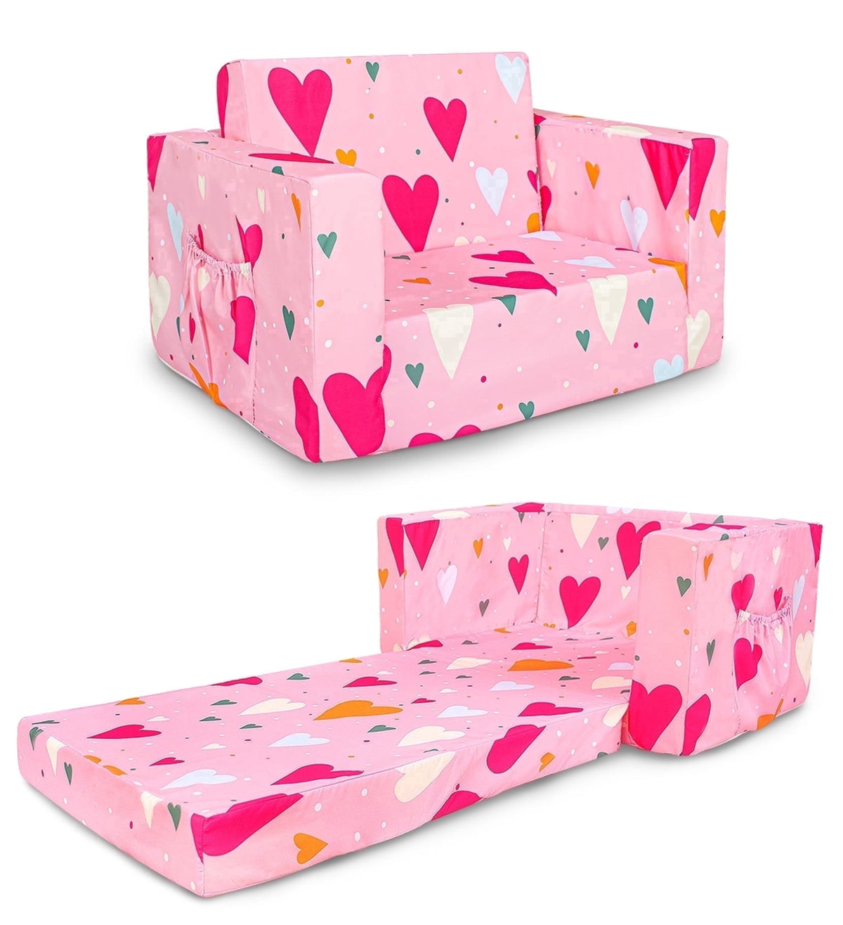 Beavtaens Toddler Sofa, 2-in-1 Pink Flip Open Toddler Couch, with Side Pocket, for Ages 18 Months+