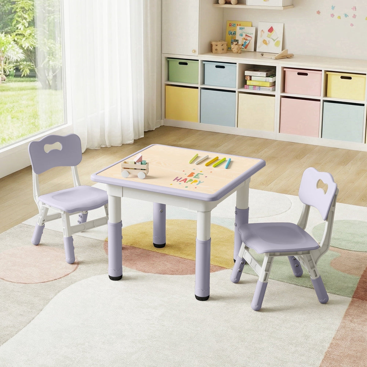DOREROOM Kids Table and 2 Chairs Set, Height Adjustable Toddler Table, Graffiti Desktop, 23.6 x 23.6 in
