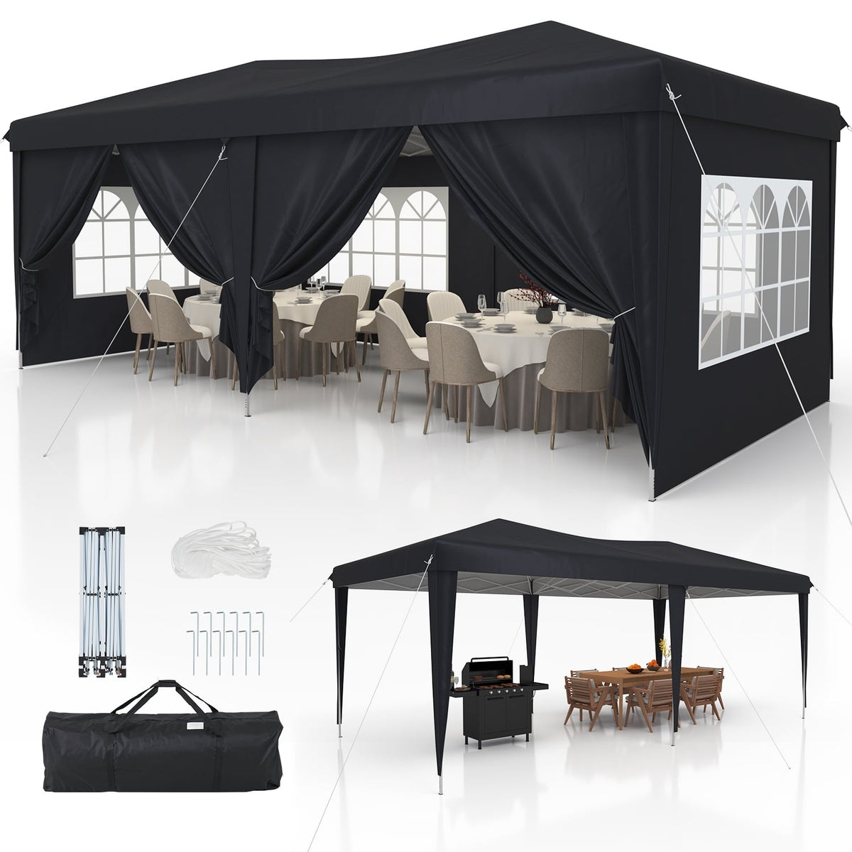 Dateyes 10x20 Pop Up Canopy Tent, Waterproof Party Tent with 6 Removable Sidewalls, 3-Level Height Adjustable Event Tent, Instant Shelter for Wedding