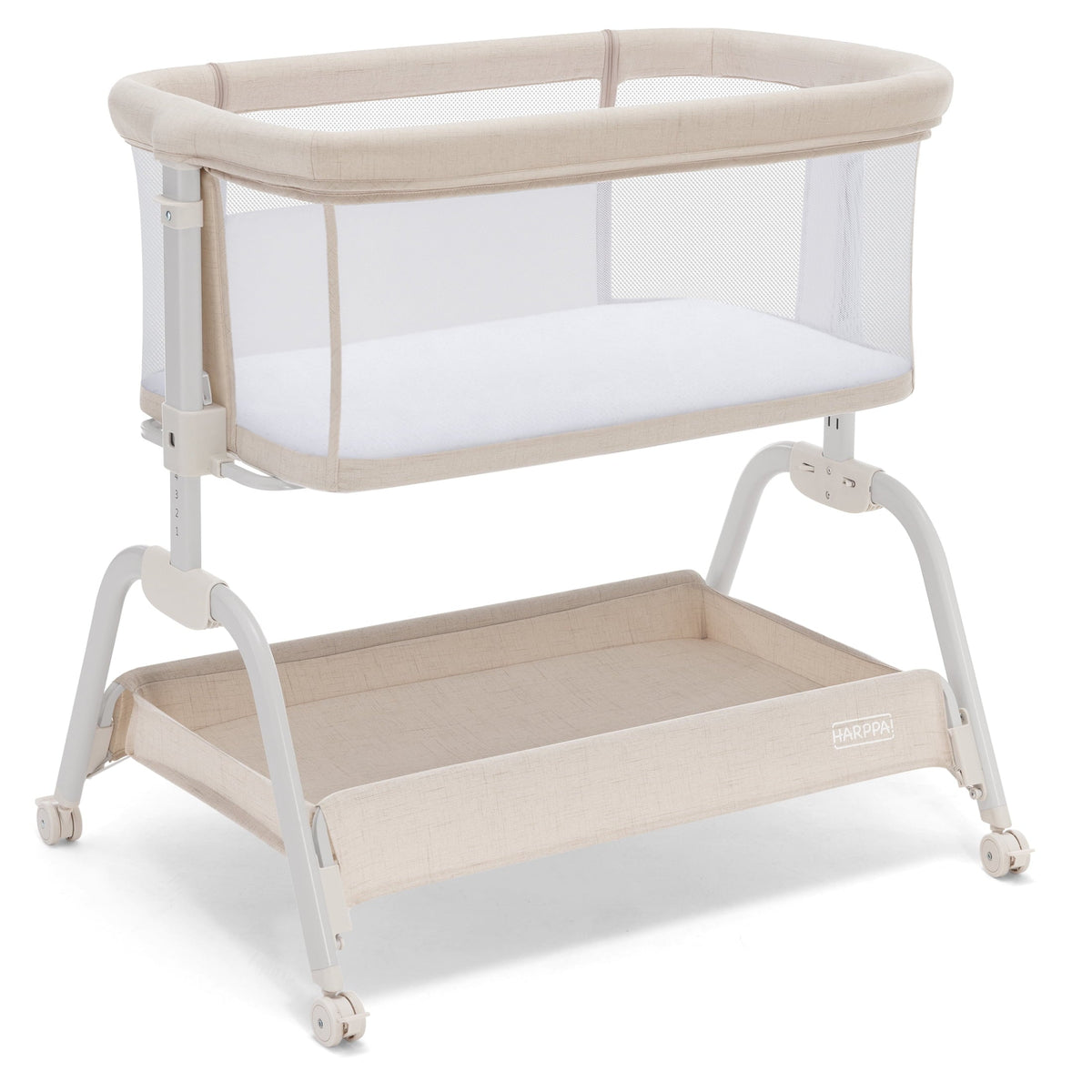 HARPPA Baby Bassinet, 6 Height Adjustable Baby Bassinet with Storage & Wheels for Infants, Beige