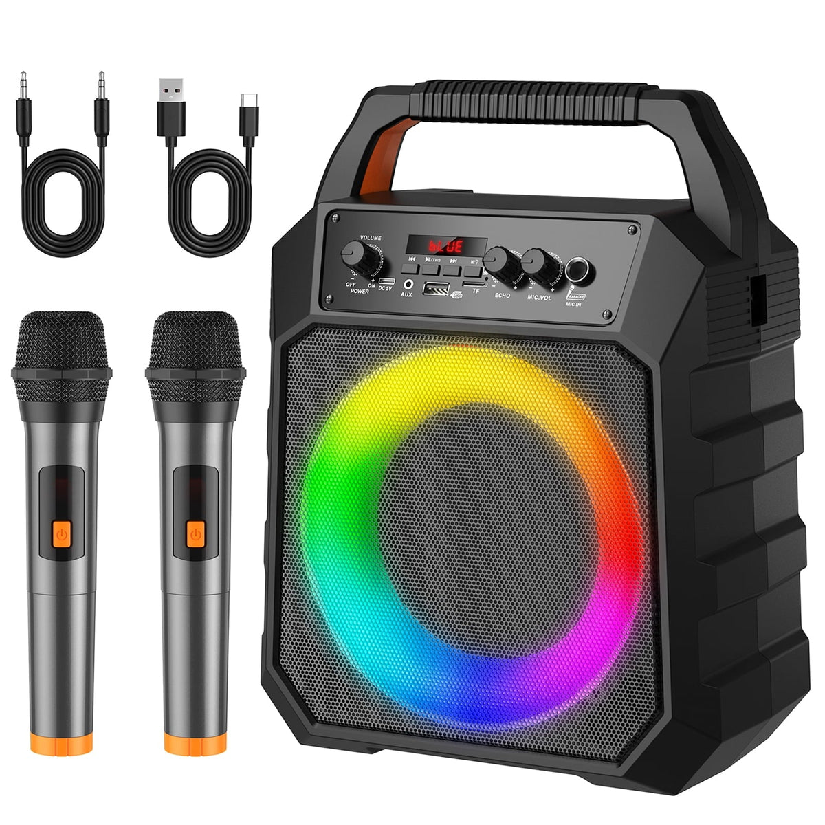 Karaoke Machine for Adults Kids, Karaoke Speaker with 2 Microphone, Portable Bluetooth Speaker with DJ Lights for Party, Support USB