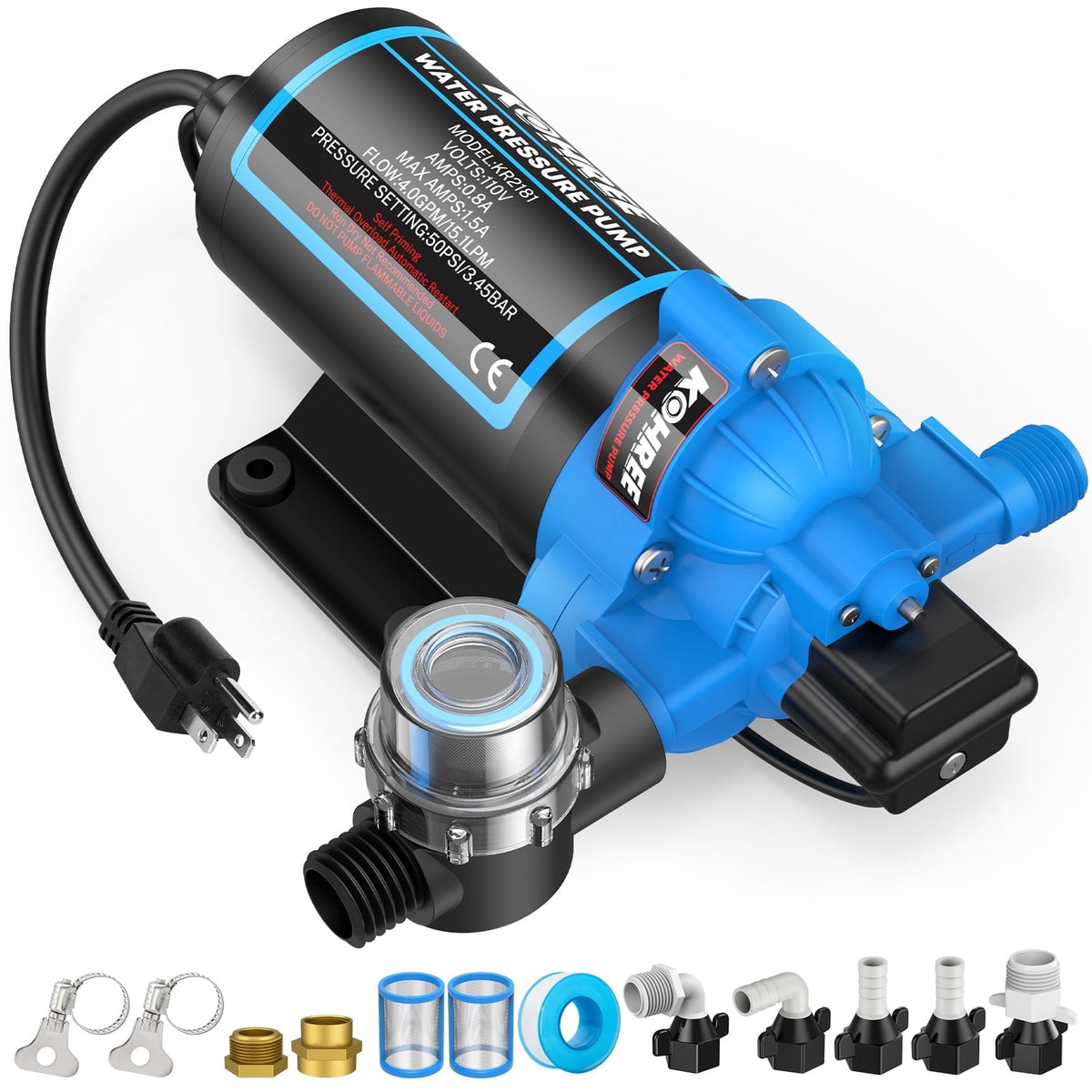 Kohree 110V AC Water Pressure Pump, 4GPM 50PSI Self-Priming RV Water Pump, On Demand RV Fresh 3-Chamber Diaphragm Water Pump, Pressure Switch &