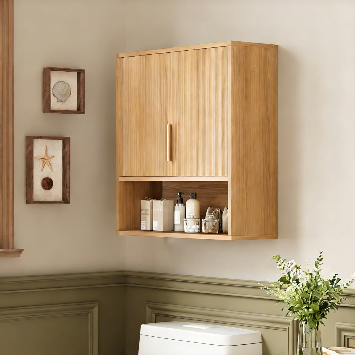 Ktaxon Fluted Bathroom Cabinet Wall Mount, Medicine Storage Organizer with Single Door and Adjustable Shelves, Oak