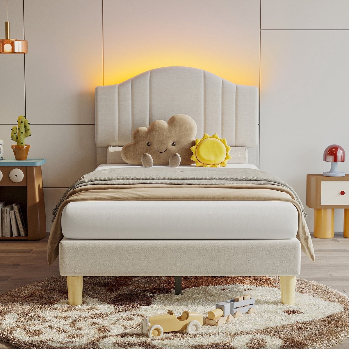 Pinmoco Twin Upholstered Bed Frame with Adjustable Arc-shaped Headboard, LED Platform Bed, Fabric Beige