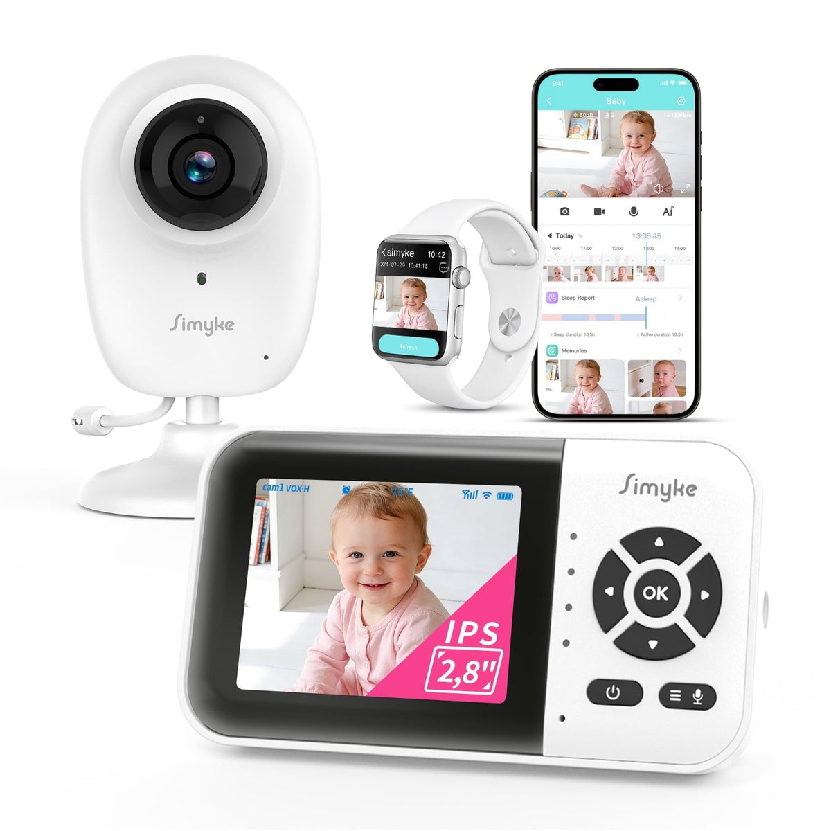 Simyke Smart Video Baby Monitor, 2.8" Display & 1080p Camera, WiFi/No WiFi Modes, Cry Detection, 2-Way Talk, VOX, 2500mAh Battery, Family Sharing
