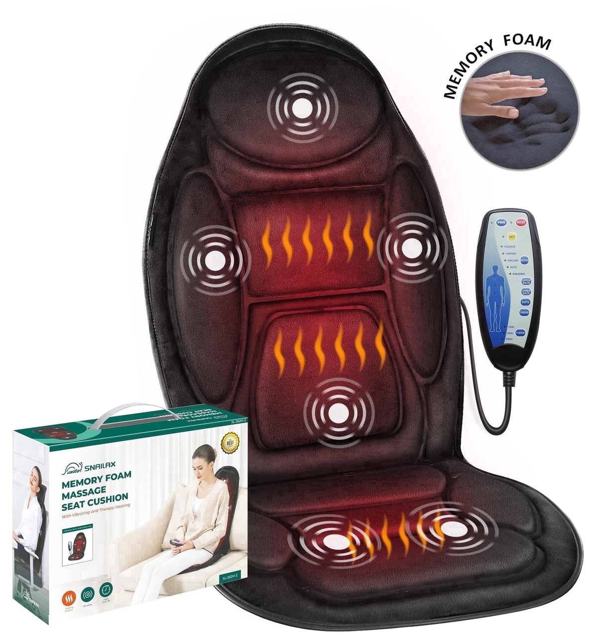 Snailax Back Massager with Heat, Soothing Memory Foam Massage Chair Pad for Home Use