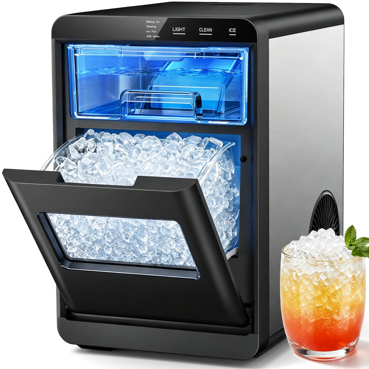 Snowyermine Nugget Ice Maker Countertop, 44 lbs per Day, Soft, Chewable Sonic-Style Pebble Ice, One-Touch Self-Cleaning, Stainless Steel, Black, for
