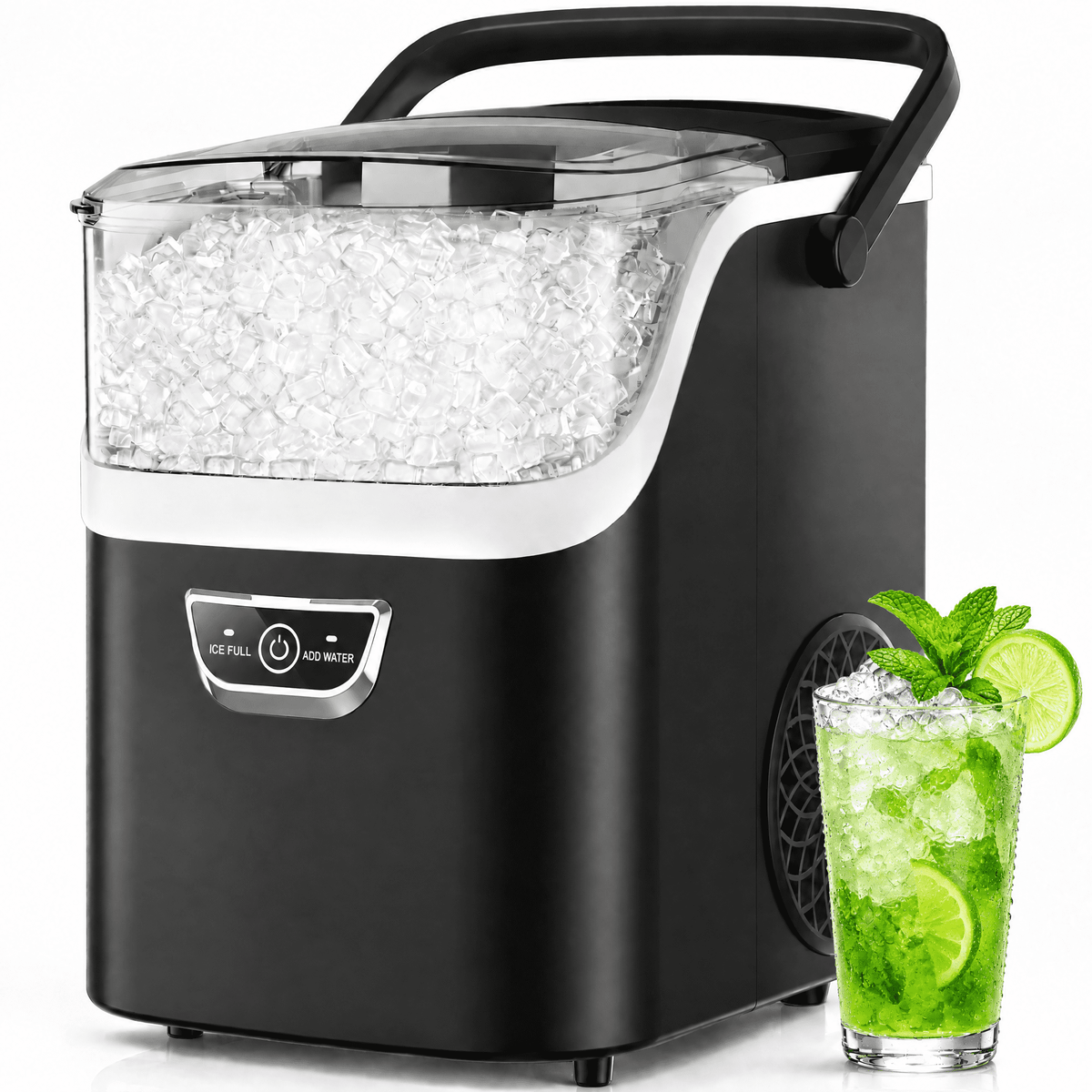 Snowyermine Nugget Ice Maker Countertop with Handle, 35lbs/Day Portable Pebble Ice Machine, Chewable Sonic Ice Ready in 5 Mins, Anti-Fingerprint