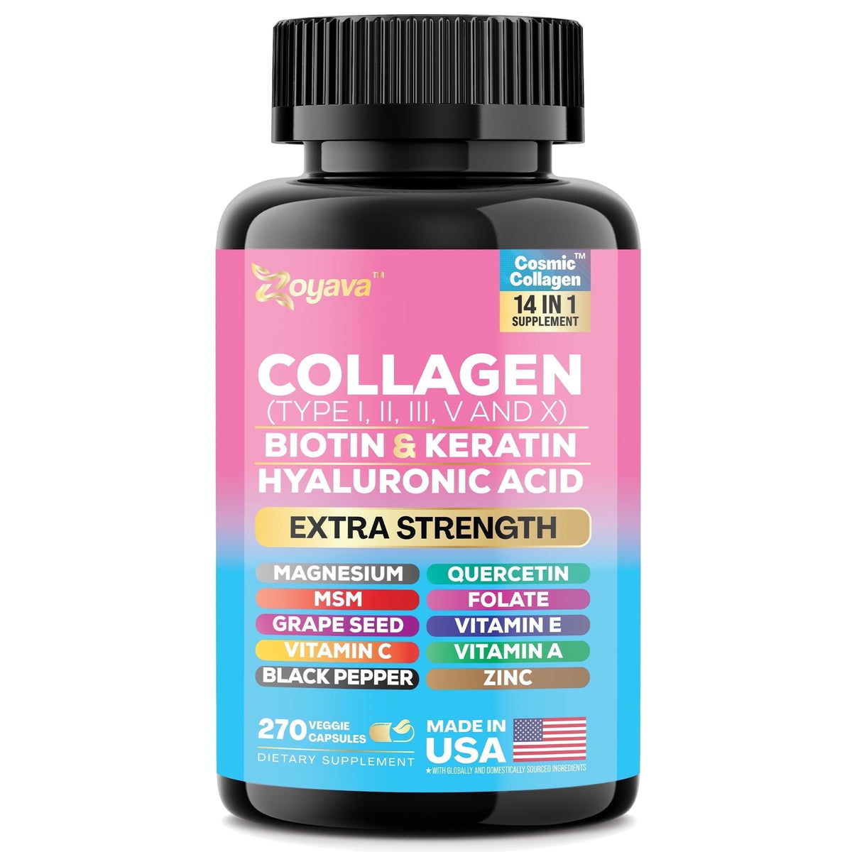 Zoyava Multi Collagen Peptides Capsules- 64,000 MCG - Hydrolyzed Collagen - 10,000 MCG Biotin For Hair, Skin & Nails - For Women & Men Keratin
